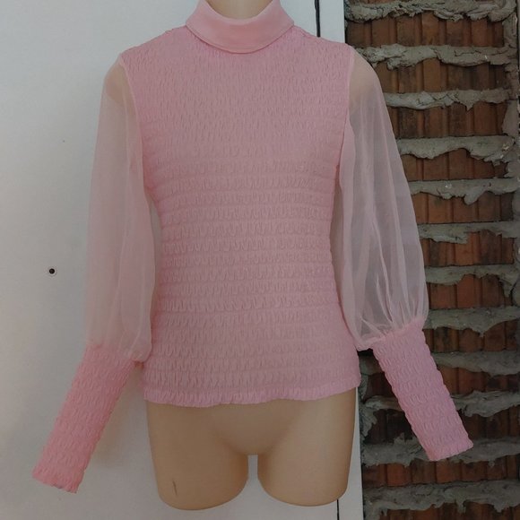 Vintage Irving Nadler Pink Long Sleeve Blouse Top High Collar Seersucker Size S - Picture 5 of 7